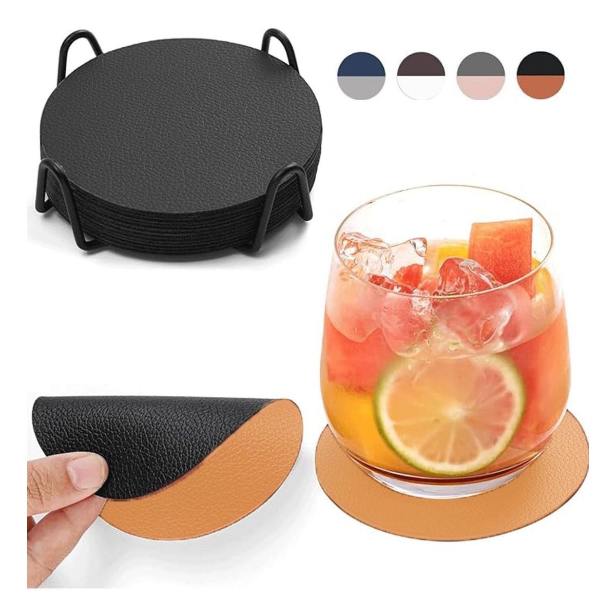 AZ AURAZEUS - Set 4 Posavasos Ecocuero Antimanchas Impermeables 2 en 1