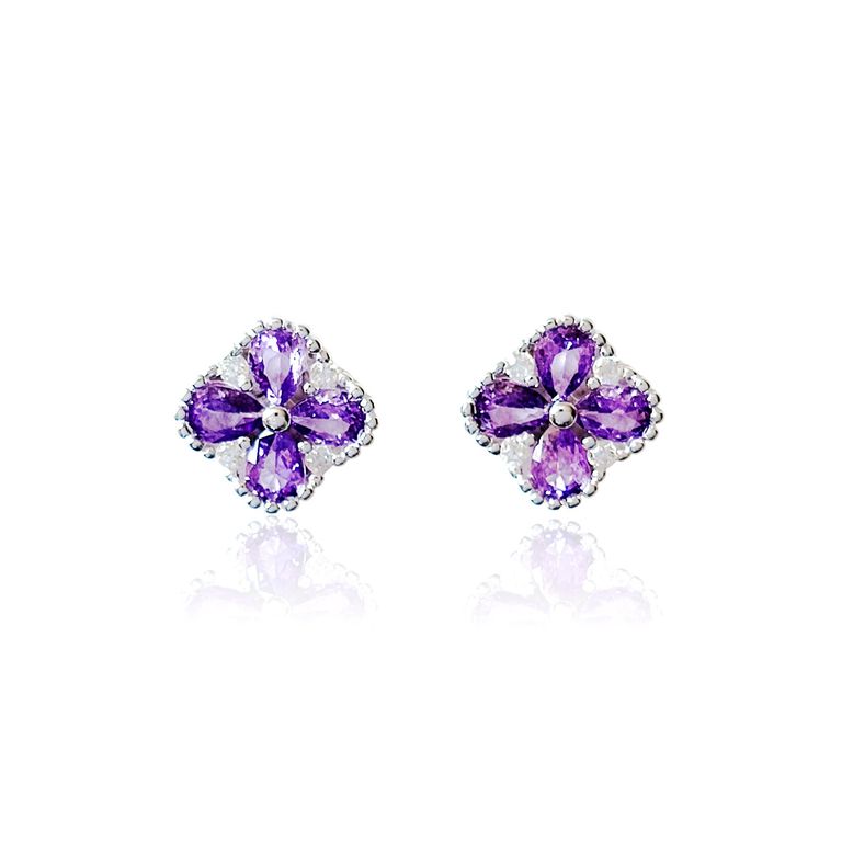 Aros Trebol Circon Morado Plata Fina 925 Morado TALLA UNICA