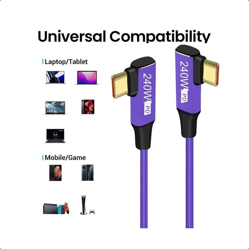 GENERICO - Cable Reforzado USB-C 240W 90° Carga Rápida 1m 480Mbps