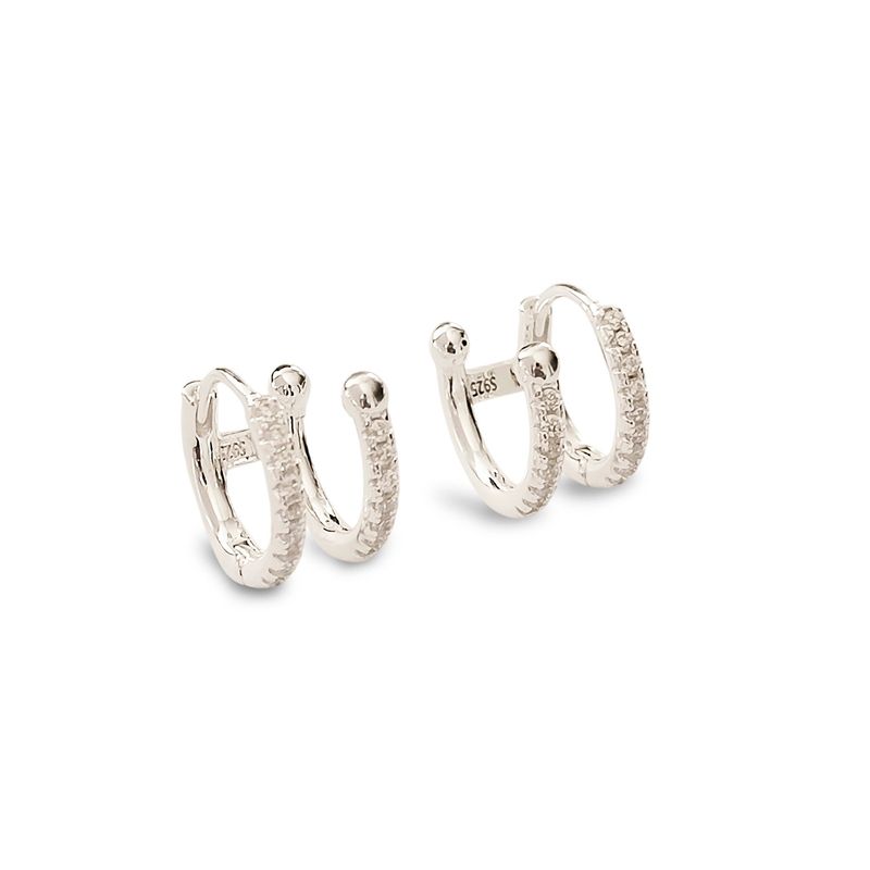 ANDREA COGGIOLA JOYAS - Aros Argolla Doble Cintillo Circón Blanco Plata Fina 925