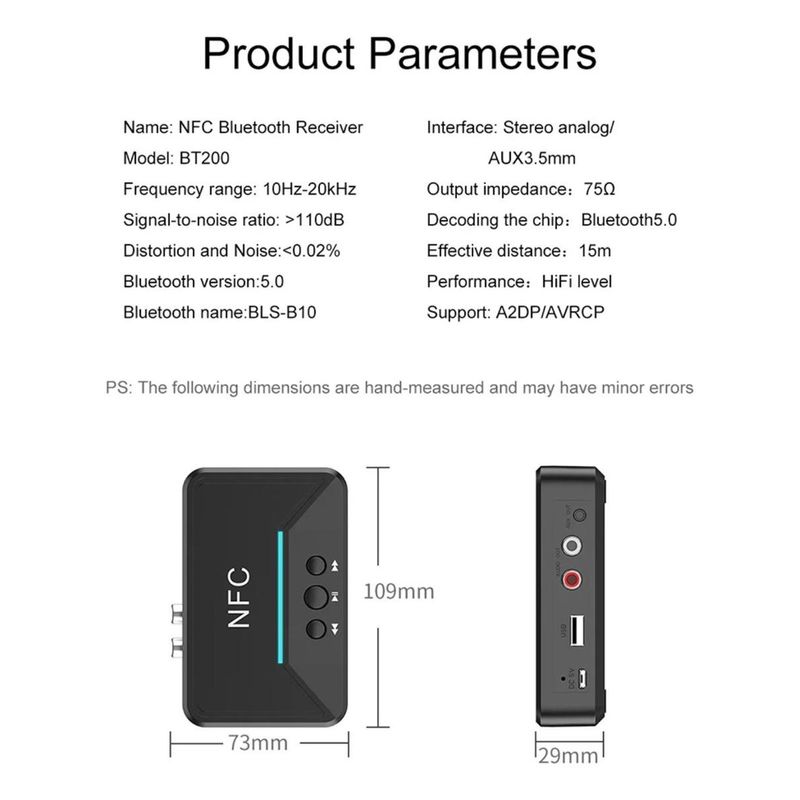 GENERICO - Receptor Bluetooth NFC para audio con salida 3.5 mm y RCA