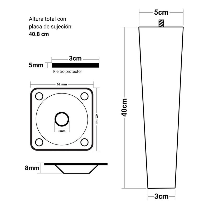 GENERICO - Patas de Madera Maciza de 40 cm para Muebles Variados
