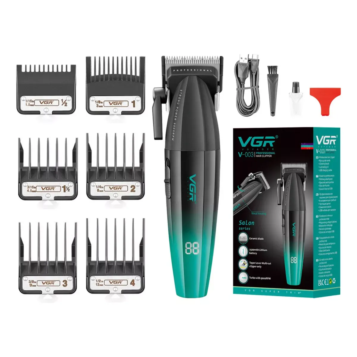 VGR VOYAGER - Máquina Cortapelo VGR003 Clipper Profesional Verde 9000RPM