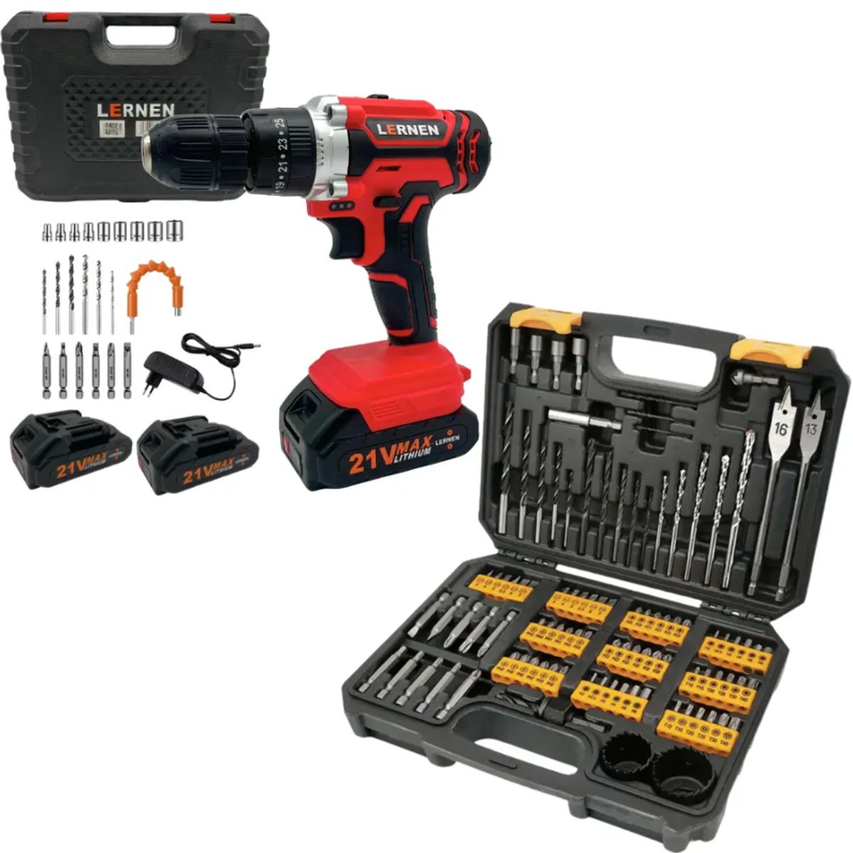 LERNEN - Pack Taladro Inalámbrico Percutor 2 Baterías + Set De 99 Brocas