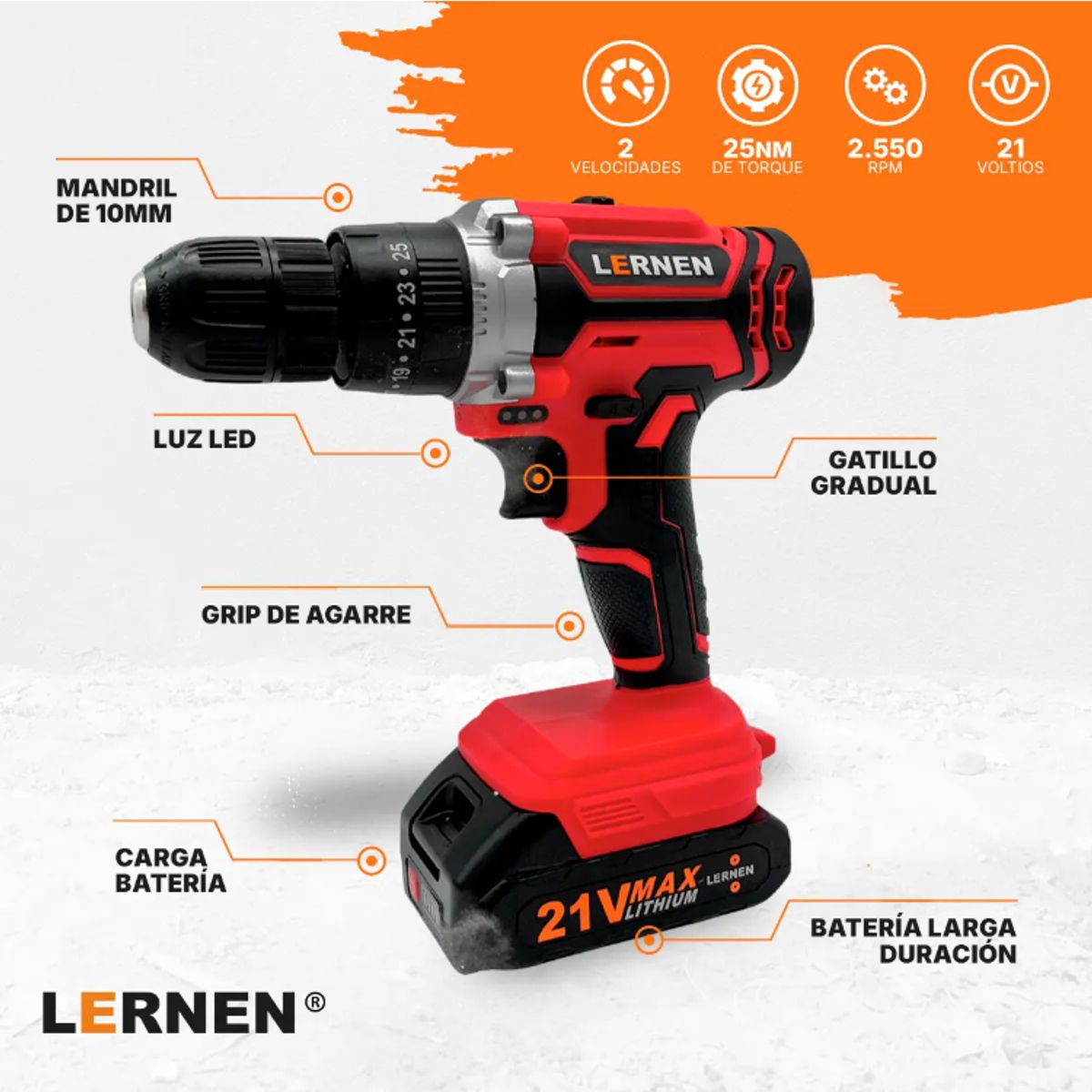 LERNEN - Pack Taladro Inalámbrico Percutor 2 Baterías + Set De 99 Brocas