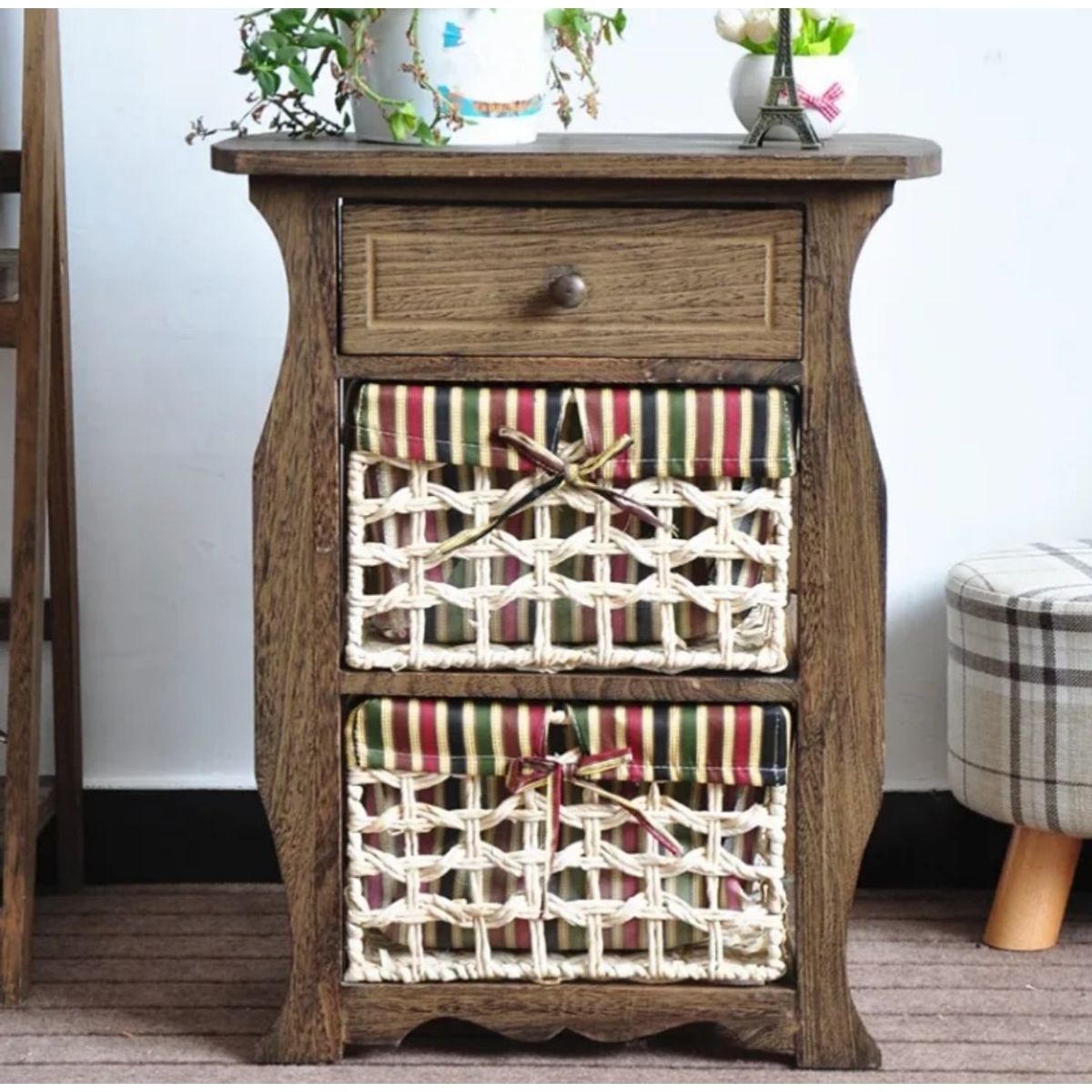 GENERICO - MESA DE NOCHE  MADERA CON DOS CANASTOS FORRADO TELA