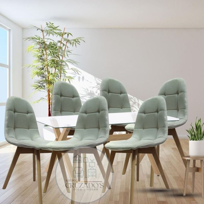 GENERICO - JUEGO COMEDOR MESA 140X90 + 6 SILLAS  CAPITONE BEIGE