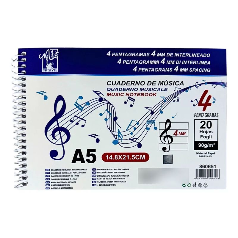 GENERICO - Cuaderno De Música A5 4 mm Interlineado X 20 Hojas De 90 g