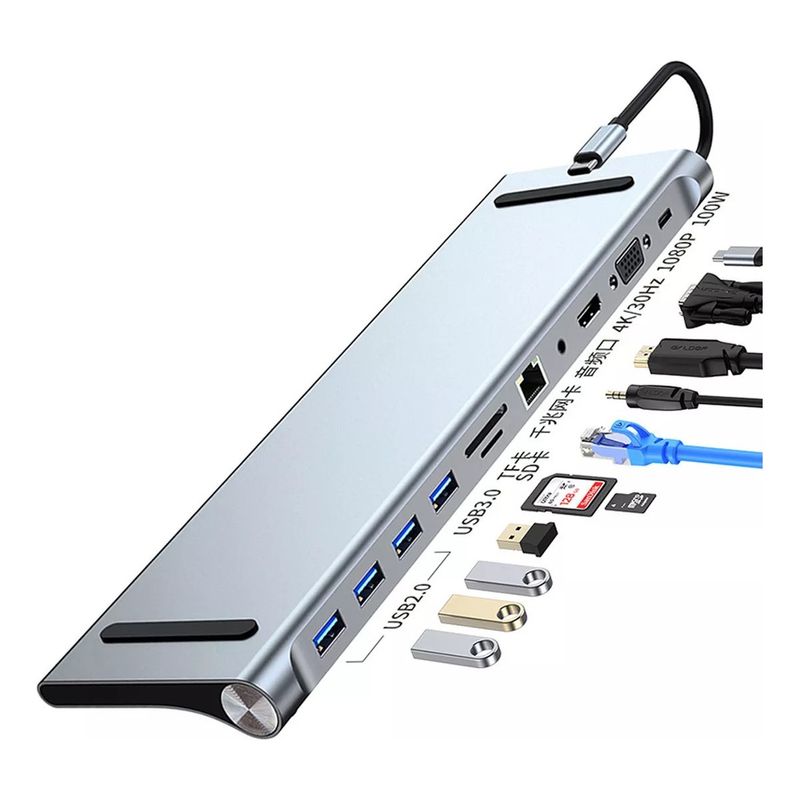 EVERSO - Hub Adaptador 11 En 1 Usb Tipo C Usb-c Hdmi Vga Usb Lan Sd
