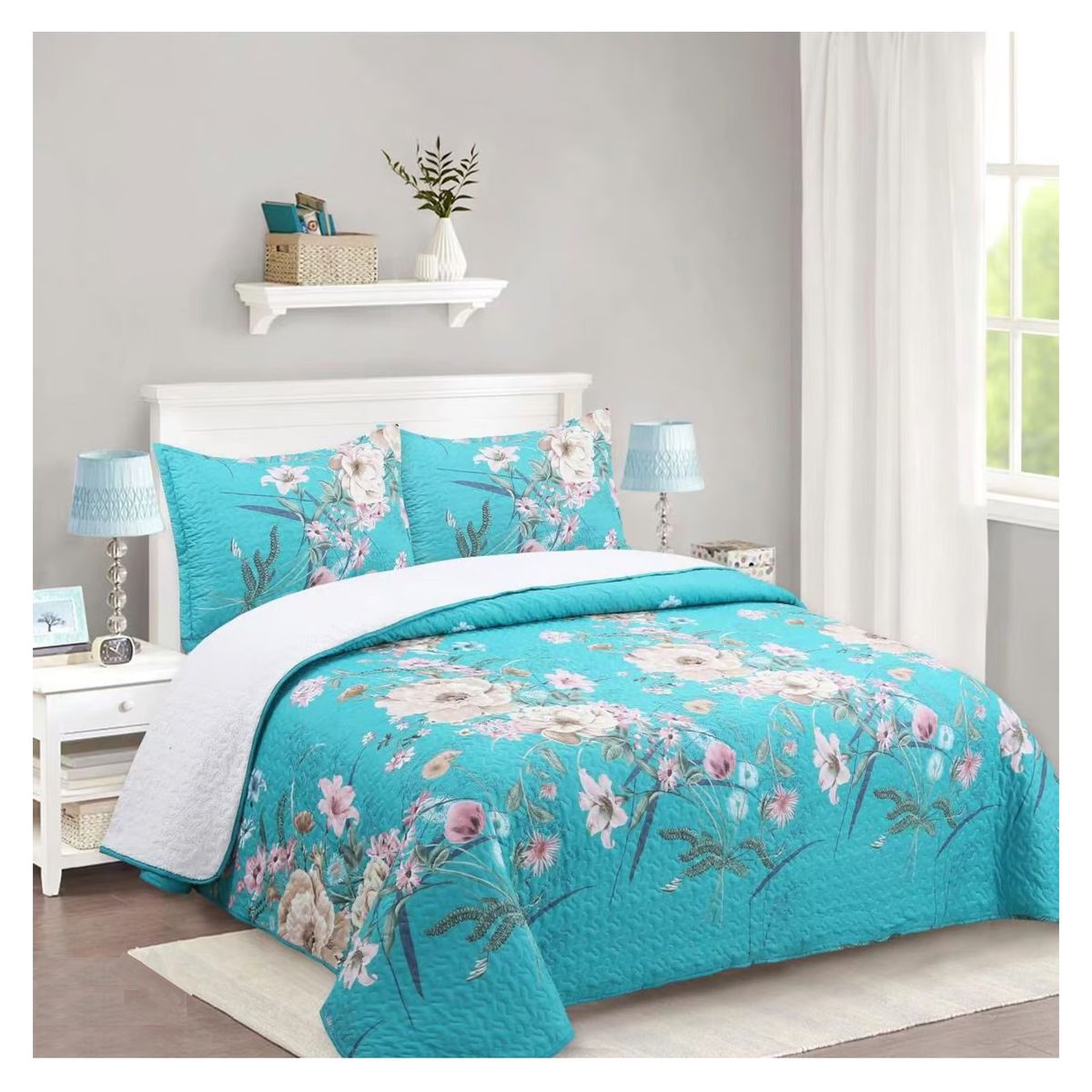 COMPRAPO - Cubrecama Quilt Sherpa 2 Pzas. Mod. Flores del Calipso Fundas 50x70 Cm