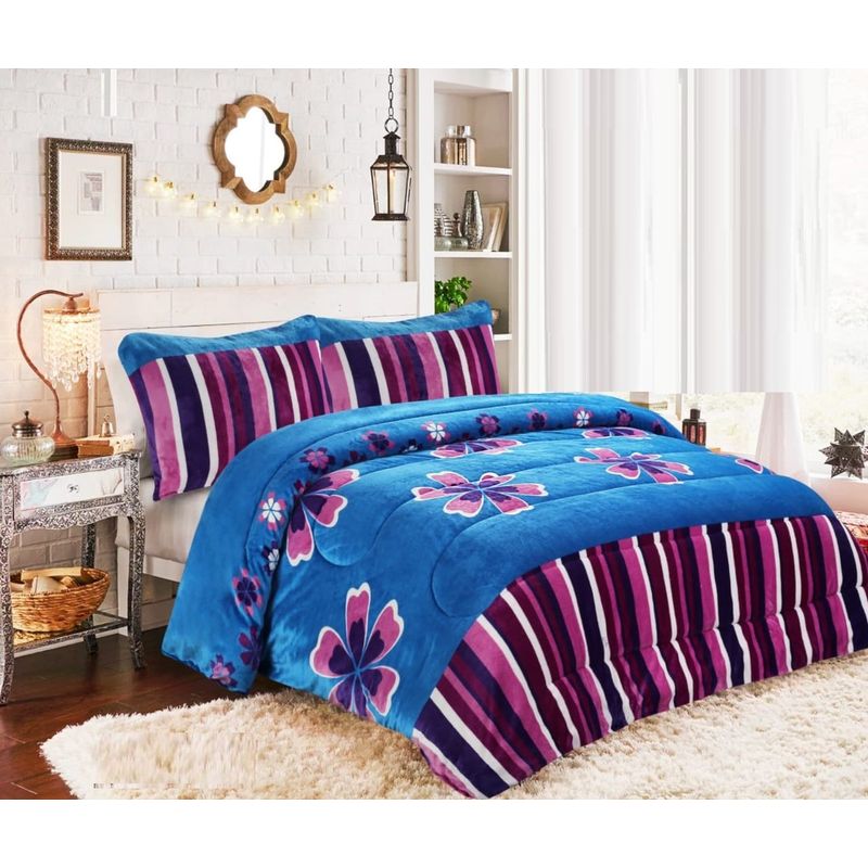 GENERICO - plumon 2 plaza AZUL FLOR VIOLETA PLUSH con chiporro TF YH29