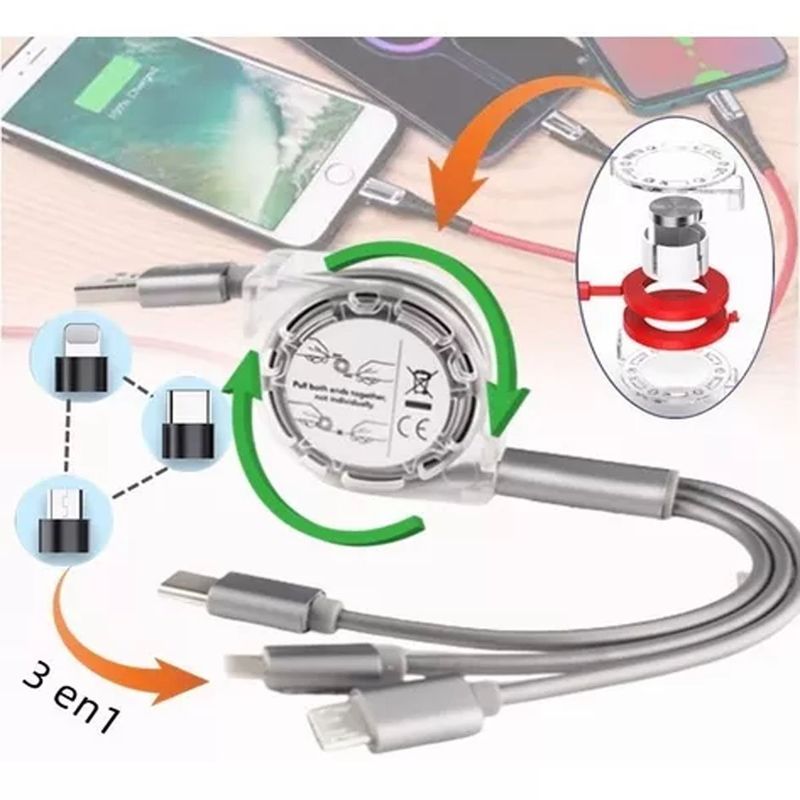 EDWINAYY - Cable 3 En 1 Usb Cargador Para Android iPhone Tipo-c 1m