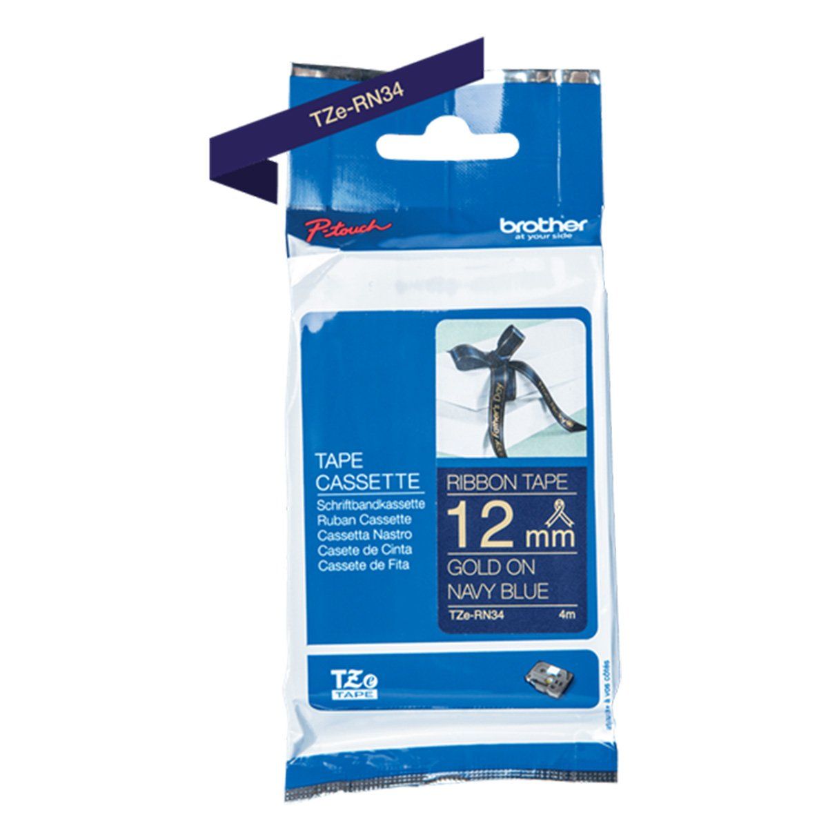 BROTHER - Cinta TZE-RN34 satin 12mm x 4mts Azul texto dorado