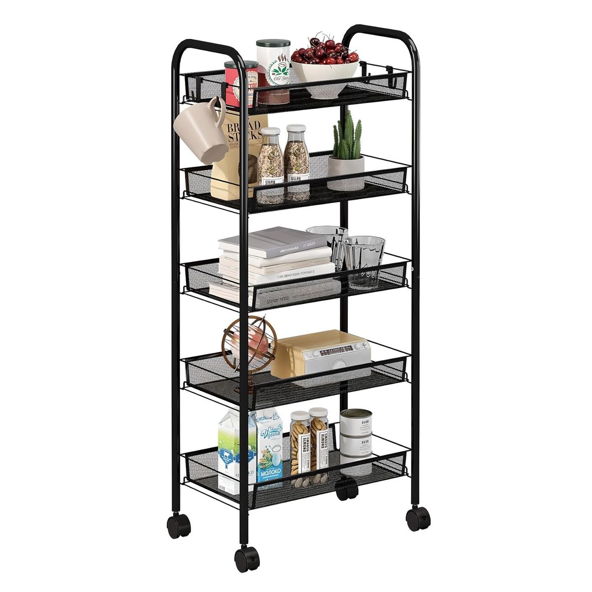 PROCHEF - Carro Organizador Multiuso Acero Negro 5 Bandejas Removibles