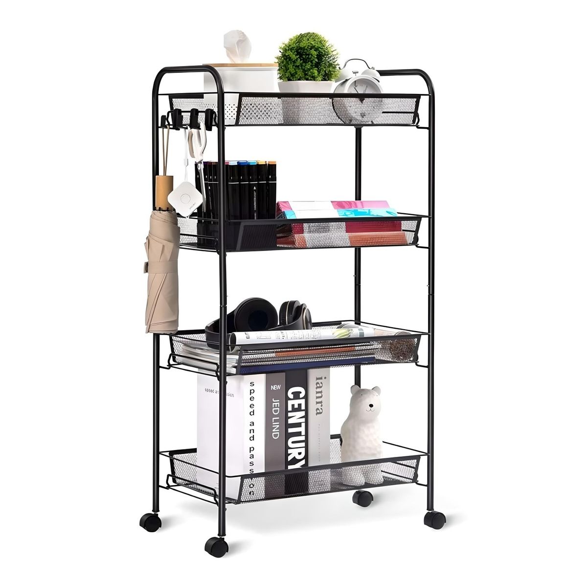 PROCHEF - Carro Organizador Multiuso Acero Negro 4 Bandejas Removibles