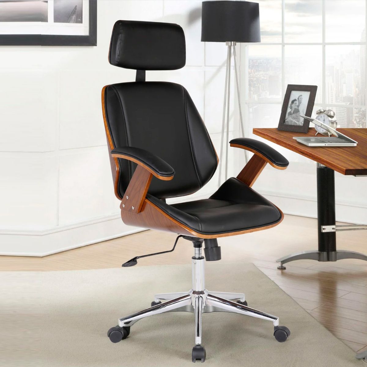 PANDALINO - Silla Ejecutiva Ergo - Cuero Negro - Apoyabrazos de Madera y Reposacabezas Ajustable