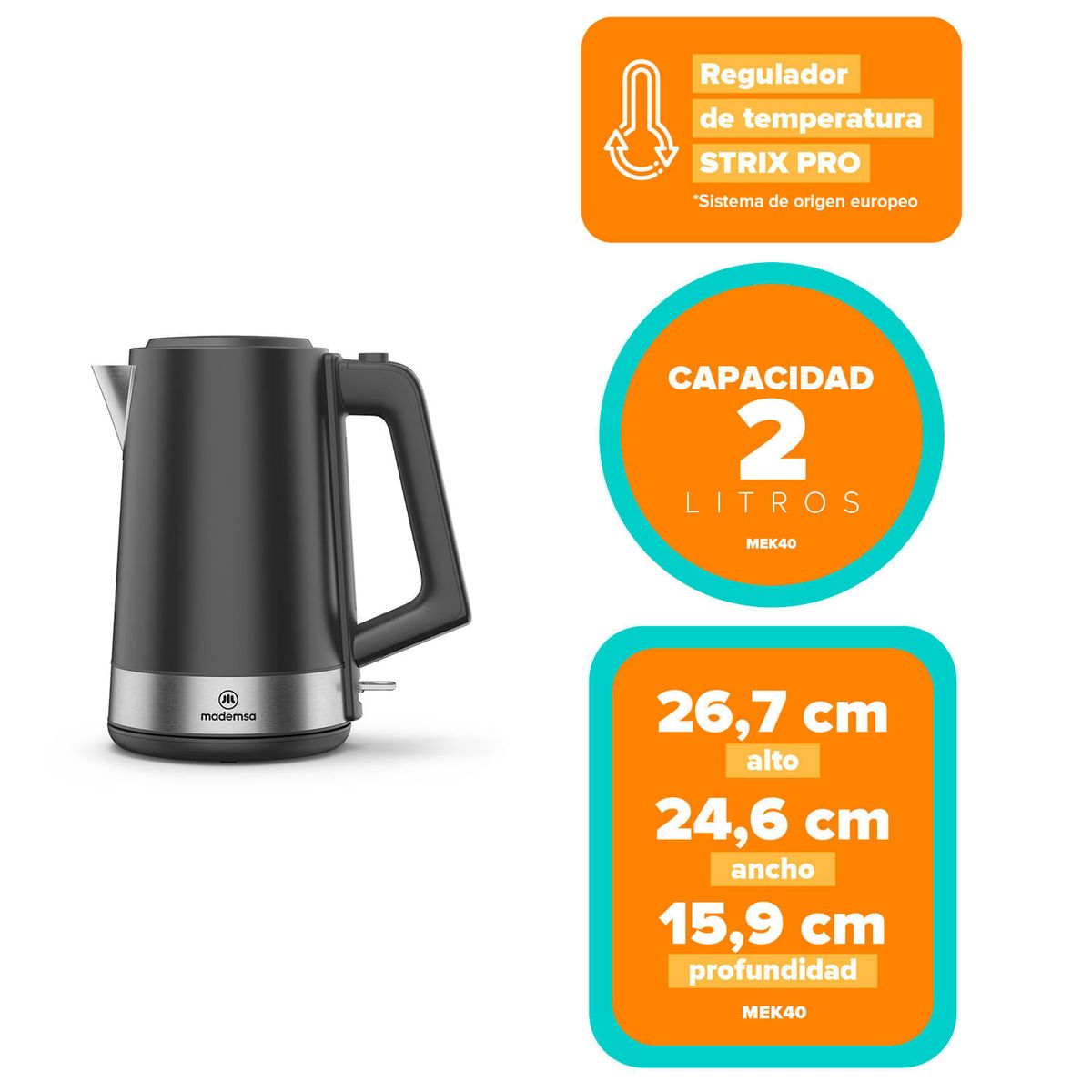 MADEMSA - Hervidor Eléctrico Mademsa 2L Regulador de Temperatura y Apagado Automático MEK40 Negro