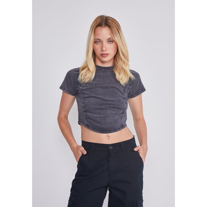 SIOUX - Polera Mujer Crop Efecto Lavado Gris Sioux