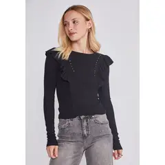 SIOUX - Polera Mujer Vuelos Delantero Negro