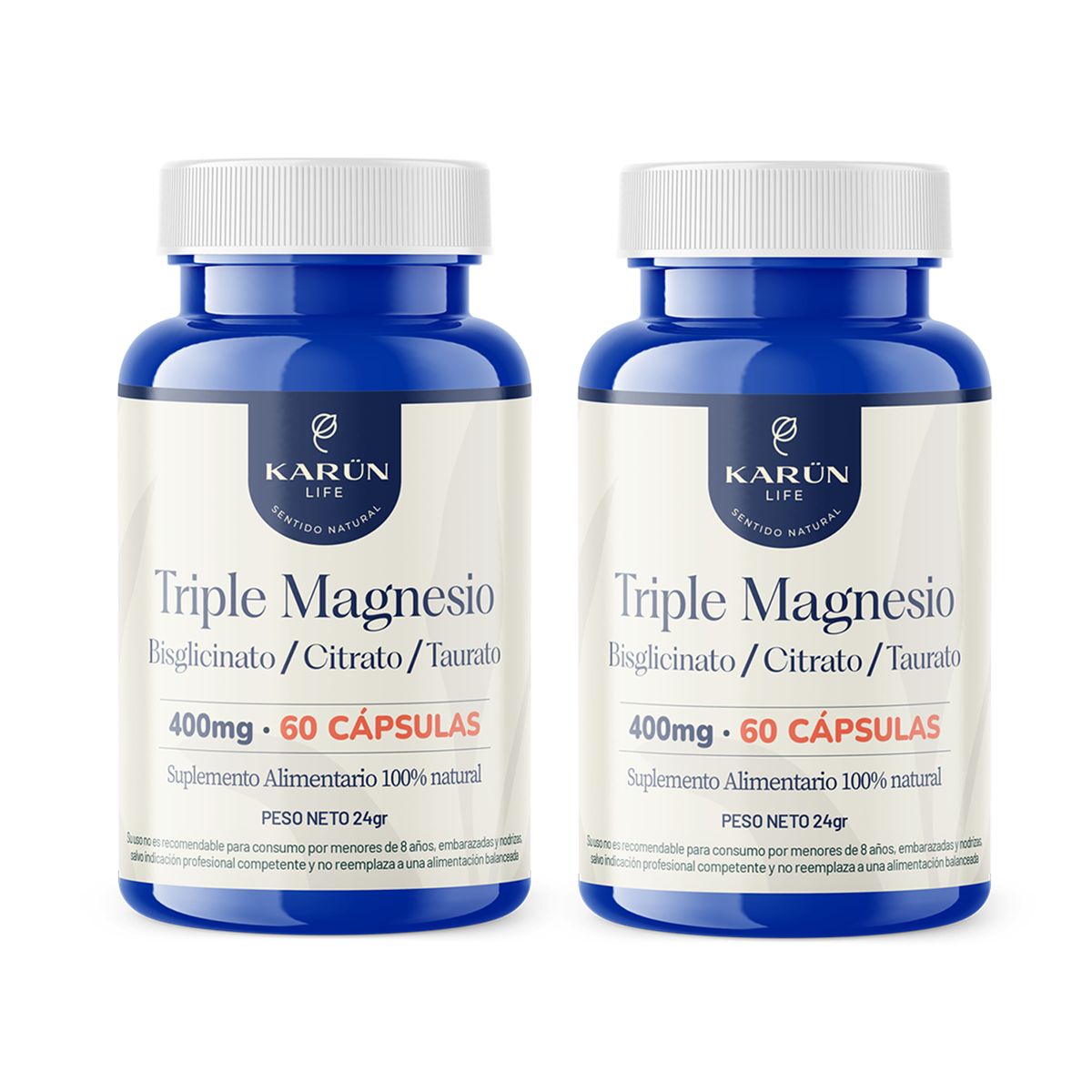 KARUNLIFE - Triple Magnesio - Bisglicinato Citrato y Taurato Pack 2 frascos 120 cap Karun Life