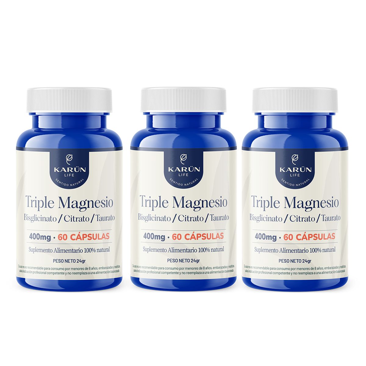 KARUNLIFE - Pack x3 Triple Magnesio  (Bisglicinato Citrato y Taurato) 400mg  180 cap Karun Life
