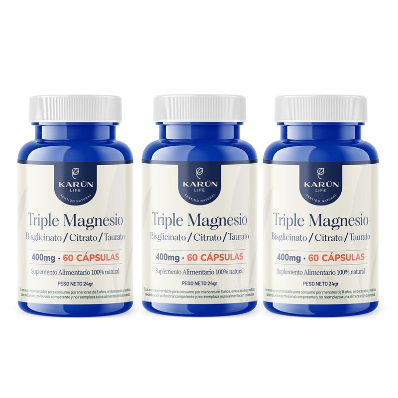 KARUNLIFE - Triple Magnesio - Bisglicinato Citrato y Taurato 400mg Pack x3 180 cap Karun Life