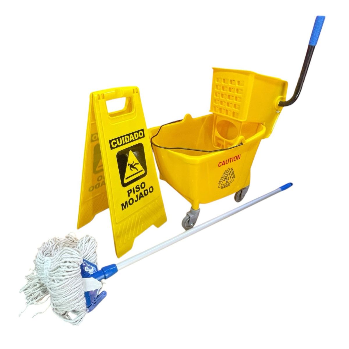 ALDAY - Pack Carro de Aseo con Estrujador 32L Aviso Piso Mojado y Trapeador