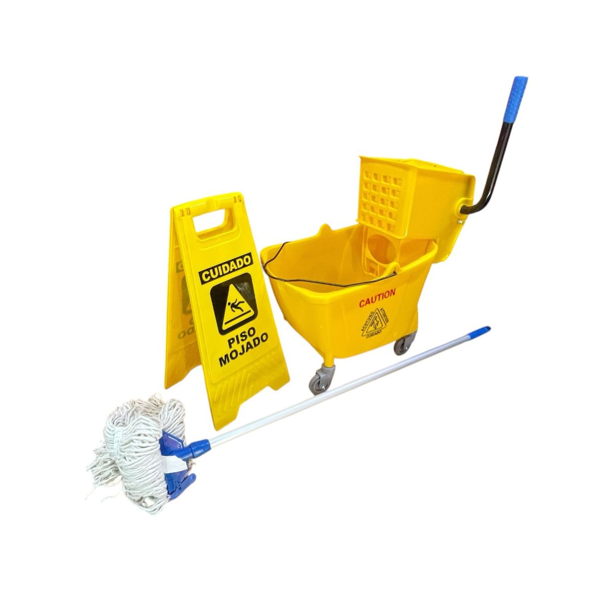 ALDAY - Pack Carro de Aseo con Estrujador 32L Aviso Piso Mojado y Trapeador