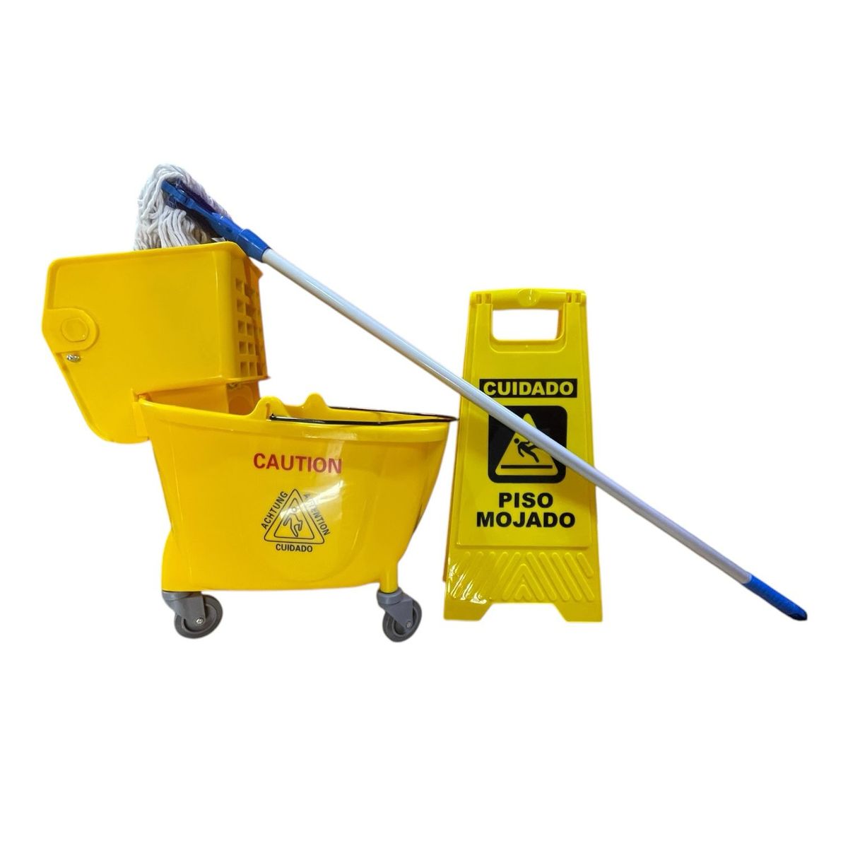 ALDAY - Pack Carro de Aseo con Estrujador 36L Aviso Piso Mojado y Trapeador