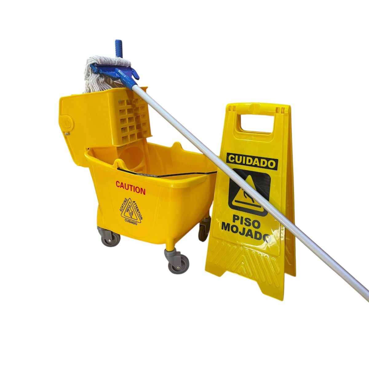 ALDAY - Pack Carro de Aseo con Estrujador 36L Aviso Piso Mojado y Trapeador