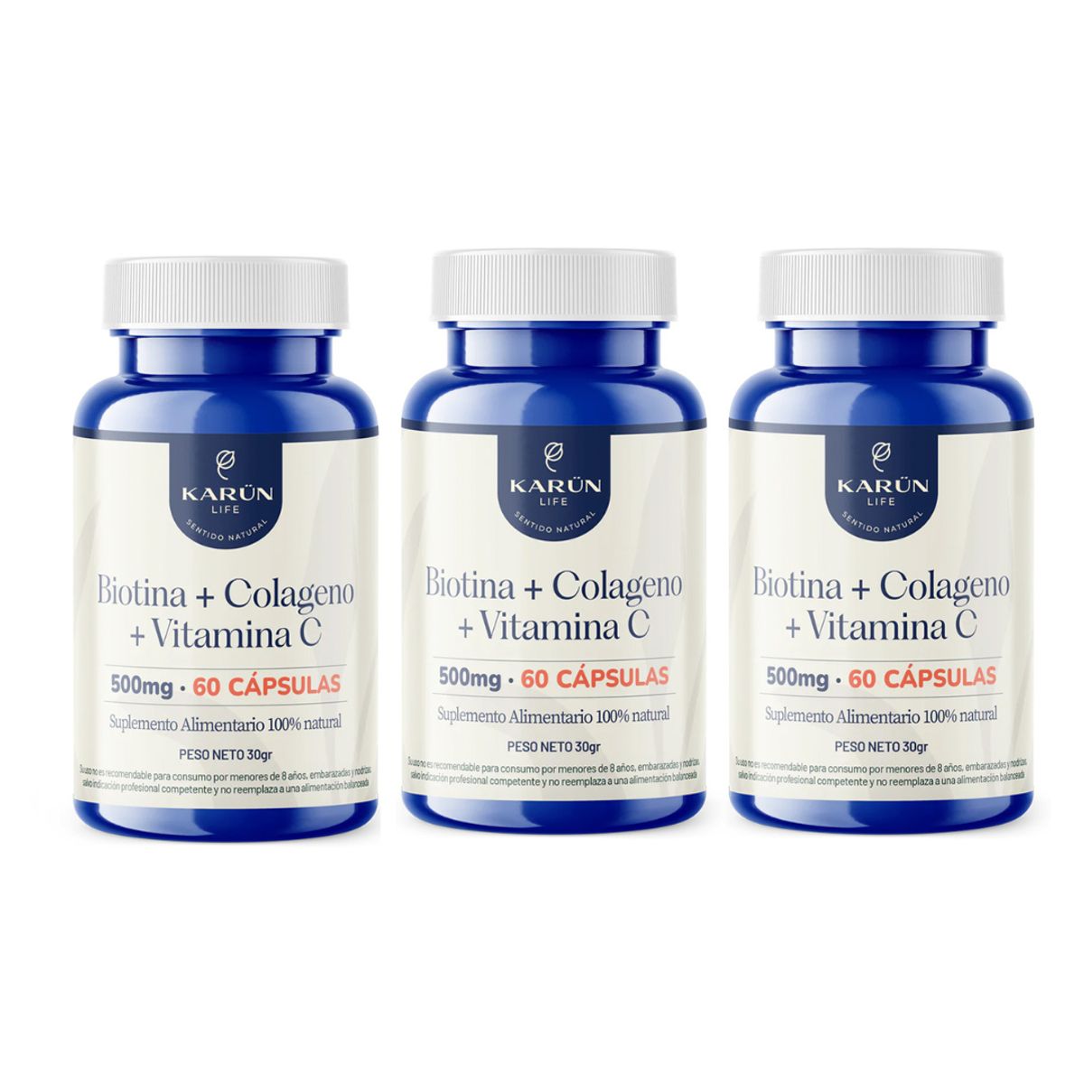 KARUNLIFE - Pack x3 Biotina + Colágeno + Vitamina C 180 cap karun Life