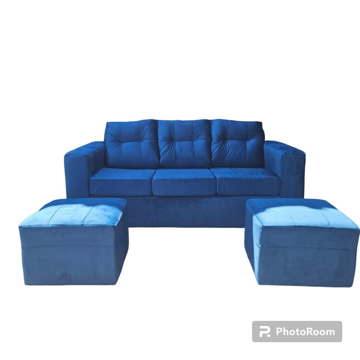 JDO & DESIGN - Sofá Nize 3 Cuerpos + 2 Pouf Felpa Azul Petroleo