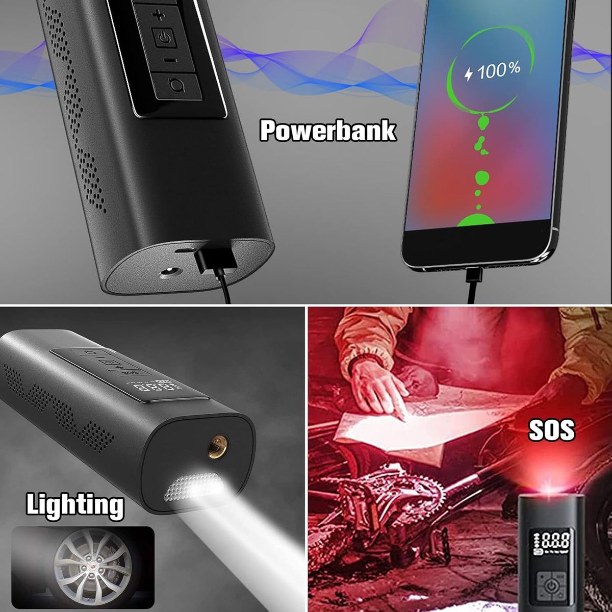 GENERICO - Inflador Neumaticos Portatil Bicicleta Power Bank Linterna