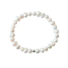 ANDREA COGGIOLA JOYAS - Pulsera Perla De Río Natural 7x5mm Bolita Plata Fina 925 Elásticada