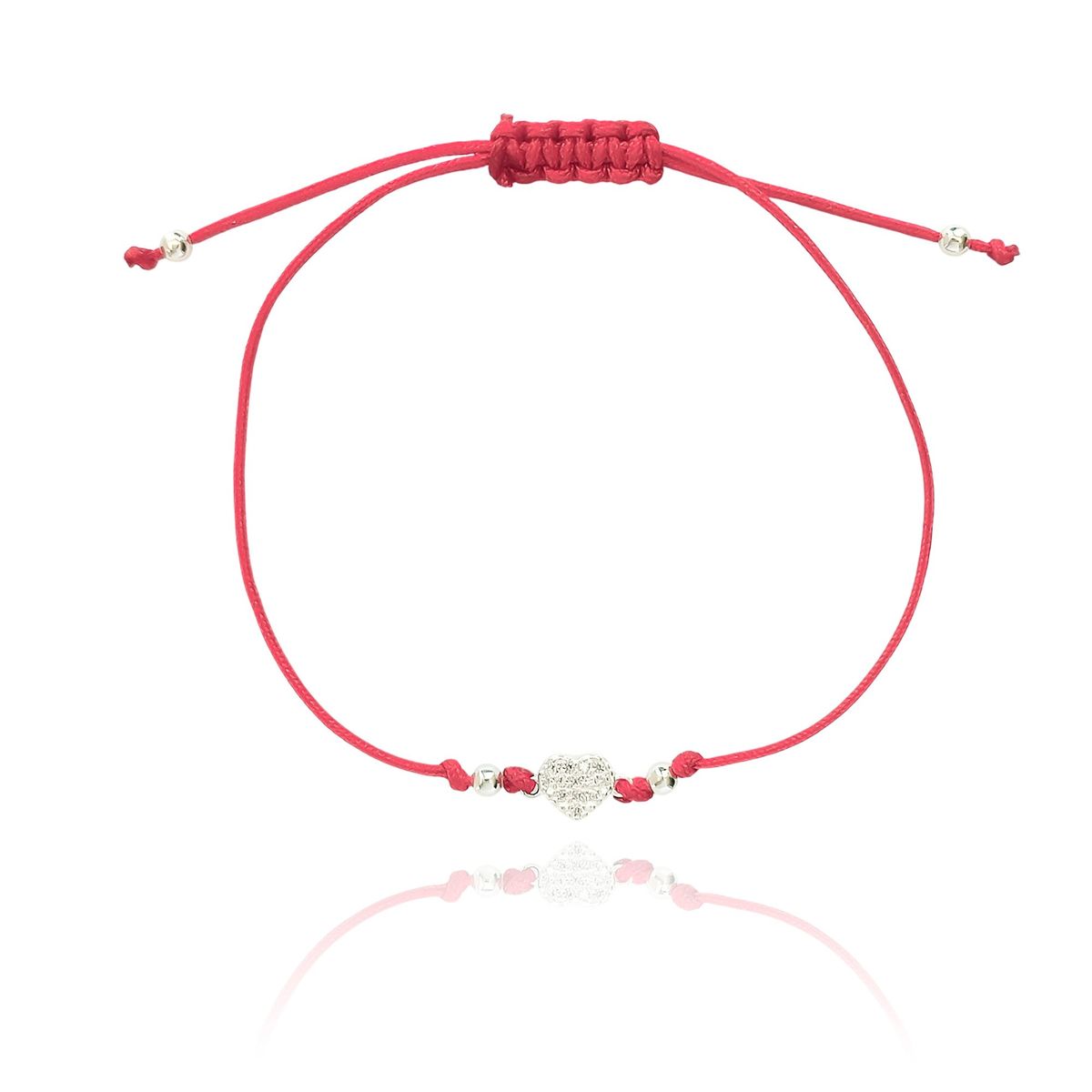 COGGIOLA - Pulsera Corazón Circón Blanco Bolitas Plata Fina 925 Cordón Rojo
