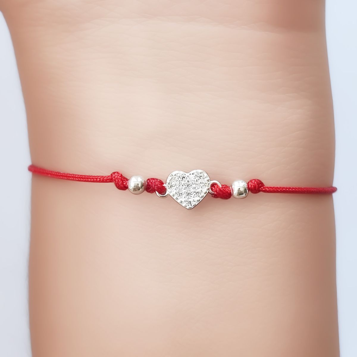 COGGIOLA - Pulsera Corazón Circón Blanco Bolitas Plata Fina 925 Cordón Rojo