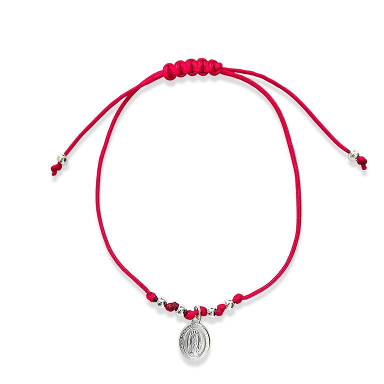 Pulsera Medalla Virgen De Guadalupe Plata Fina 925 Cordon Rojo Rojo TALLA UNICA