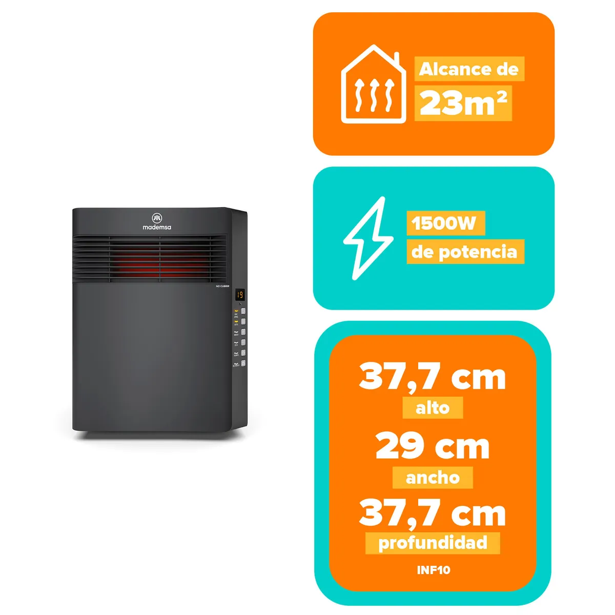 MADEMSA - Estufa Eléctrica Infrarroja Mademsa 1500W Digital, Modo Eco y Control Remoto INF10 Negra