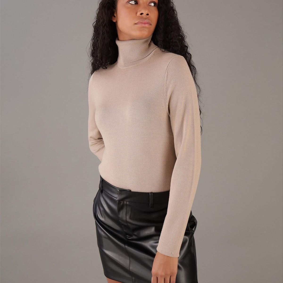 CALVIN KLEIN - Sweater Merino Wool Roll Neck Beige Calvin Klein