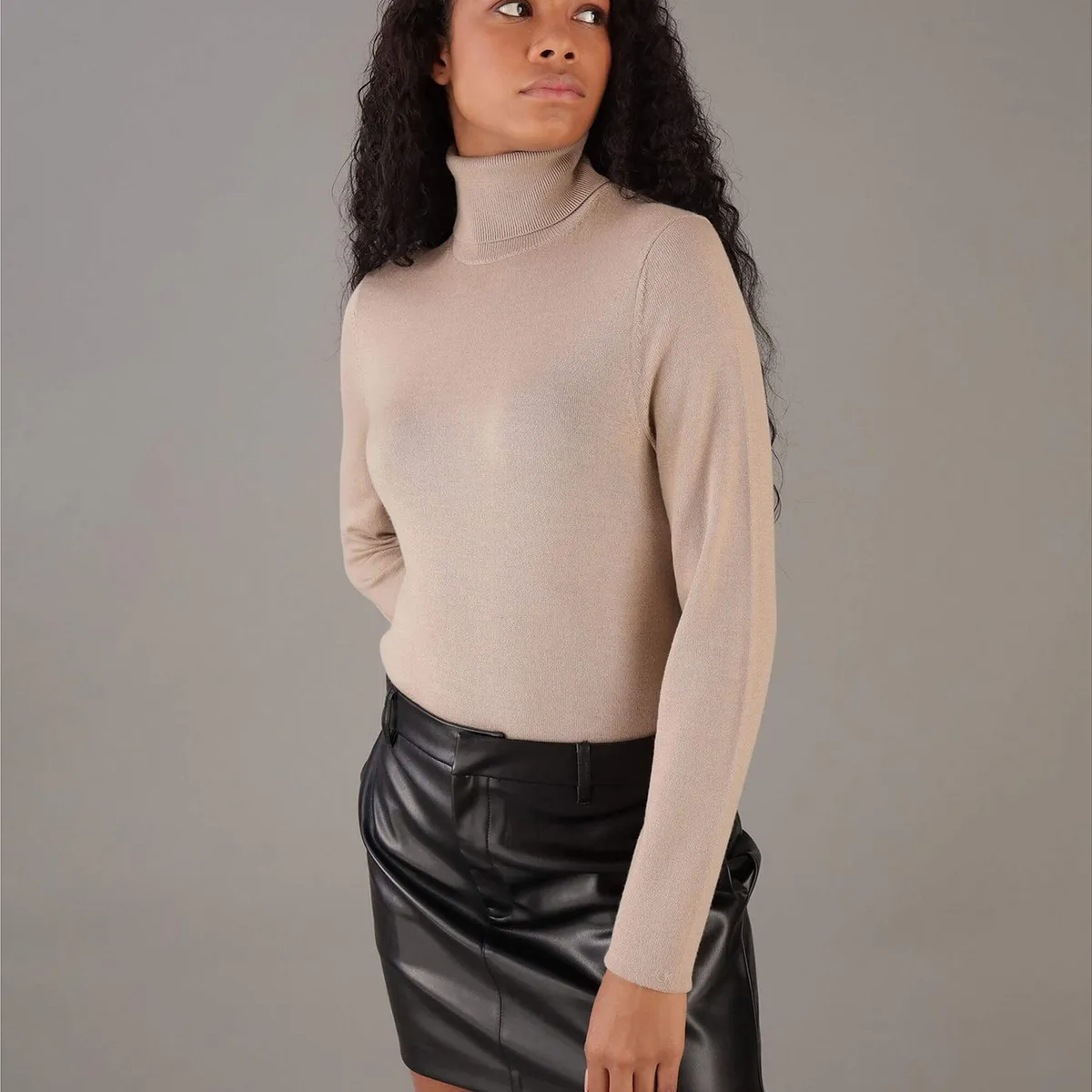 CALVIN KLEIN - Sweater Merino Wool Roll Neck Beige Calvin Klein