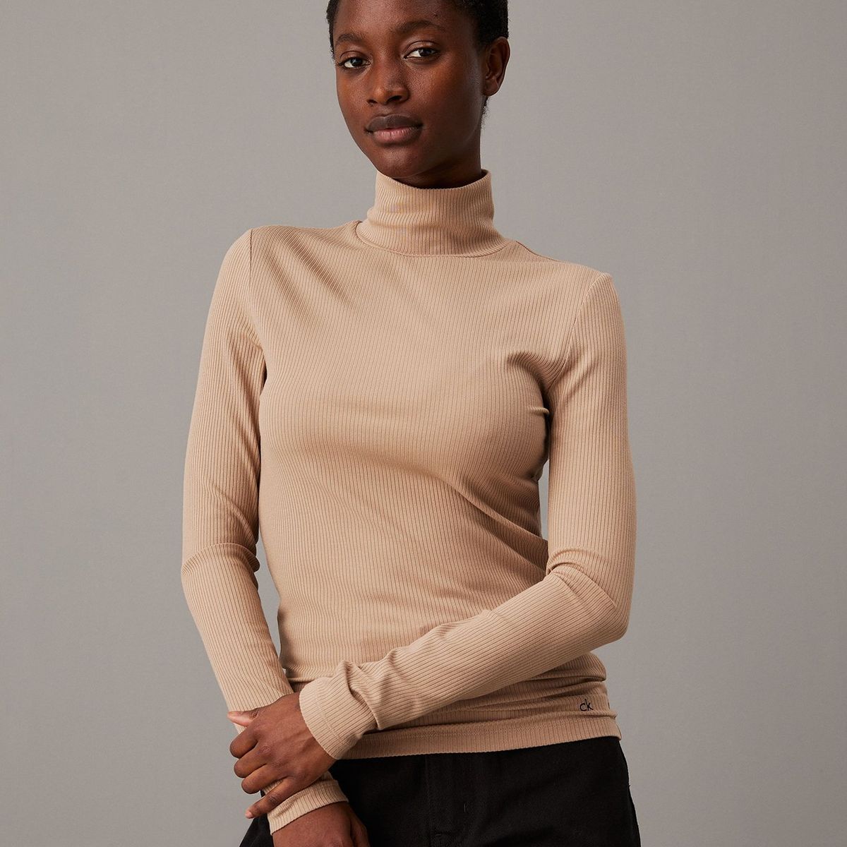 CALVIN KLEIN - Sweater Modal Rib Mock Neck Beige Calvin Klein