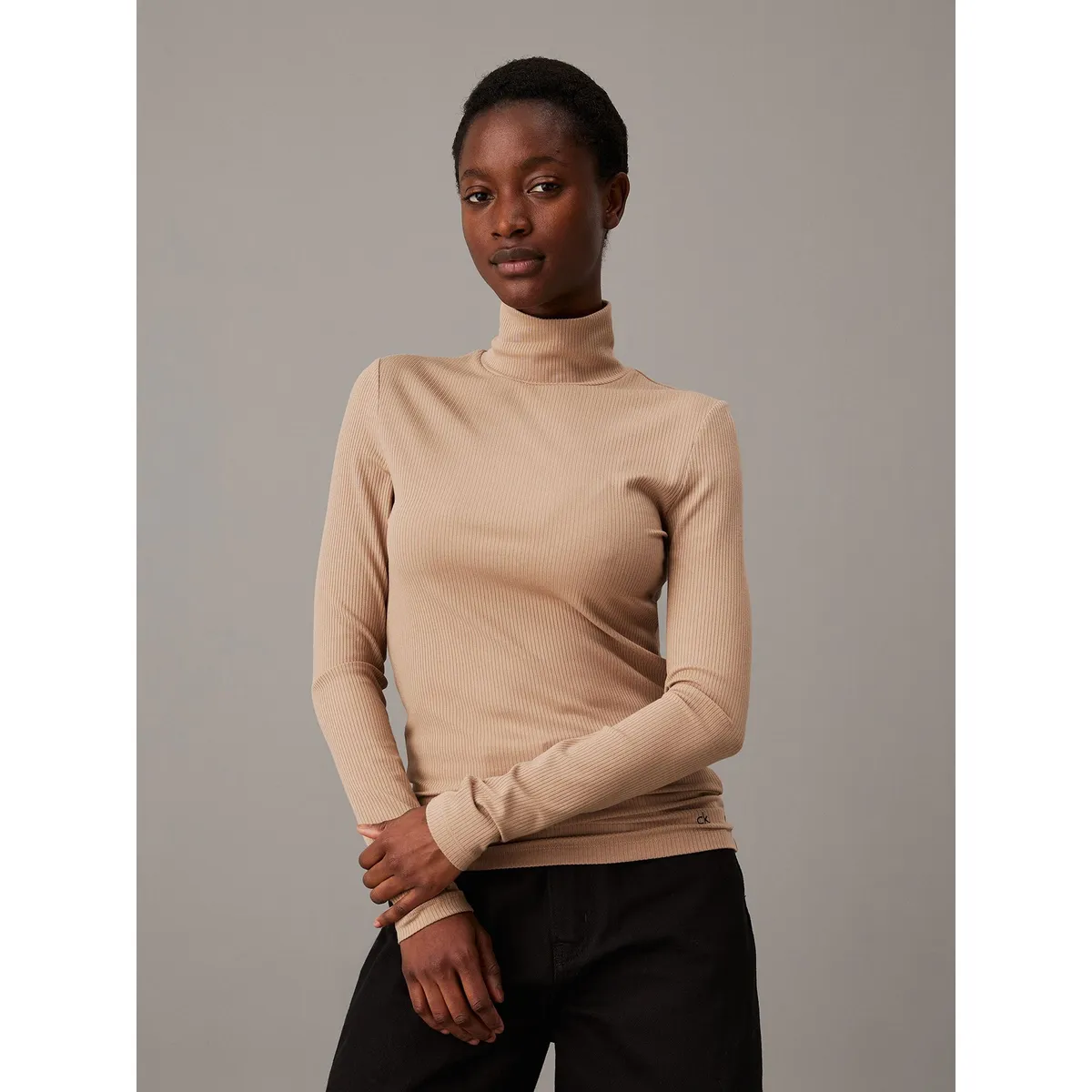 CALVIN KLEIN - Sweater Modal Rib Mock Neck Beige Calvin Klein