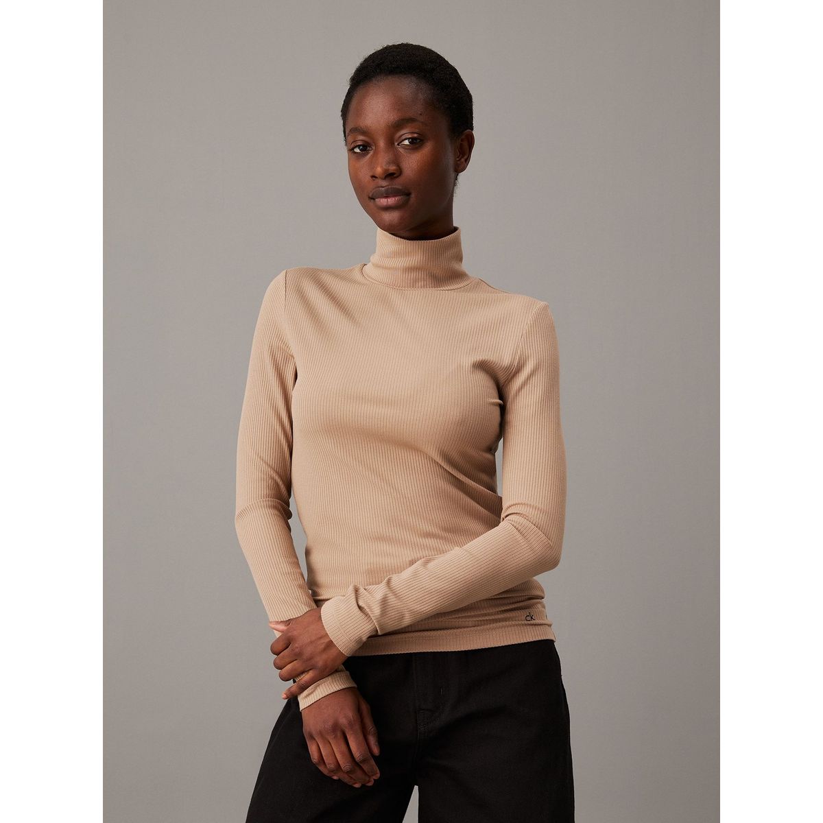 CALVIN KLEIN - Sweater Modal Rib Mock Neck Beige Calvin Klein