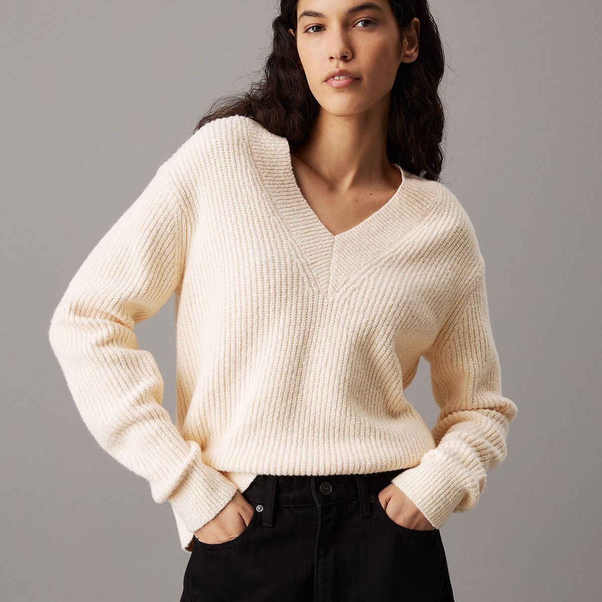 CALVIN KLEIN - Sweater Boucle V Neck Relaxed Beige Calvin Klein