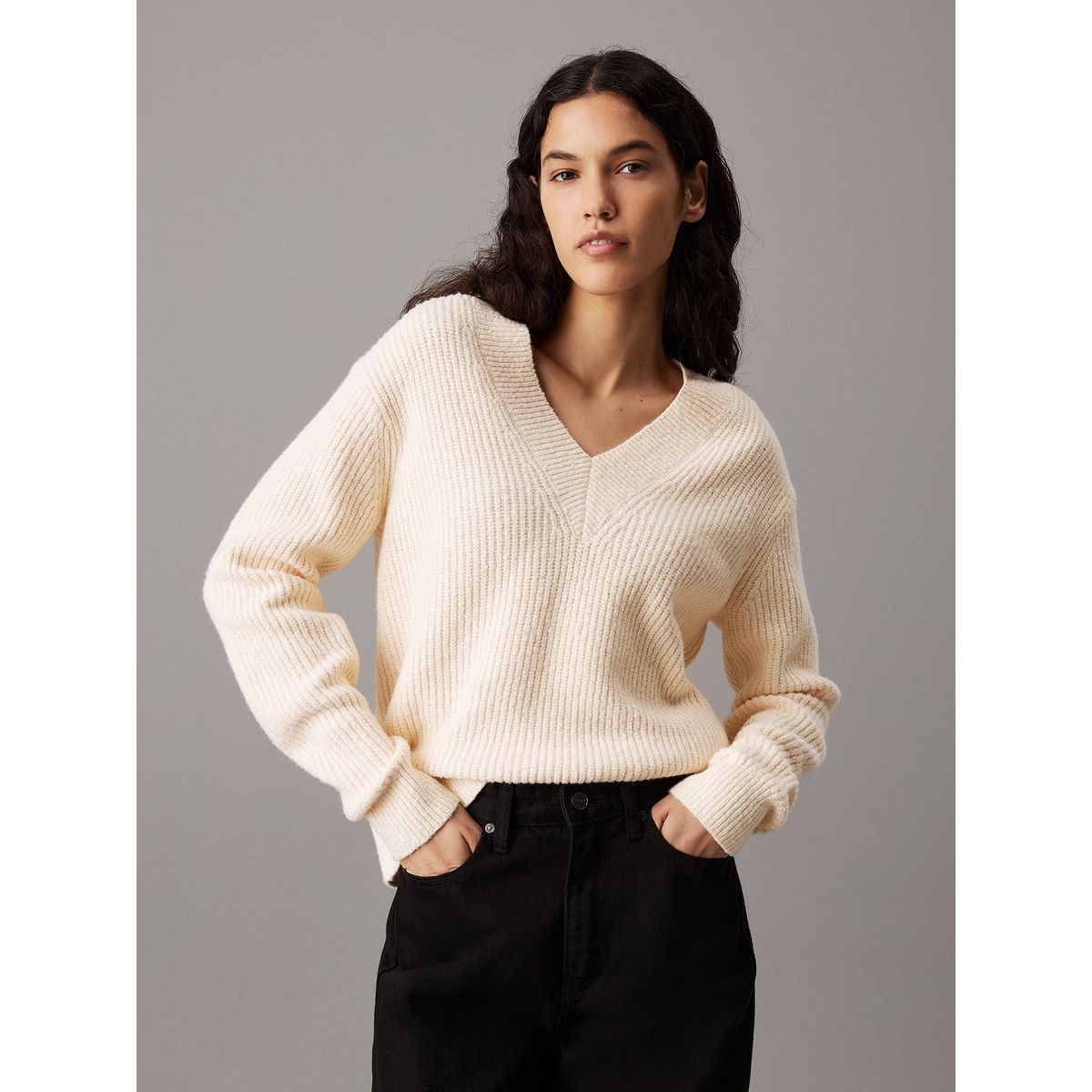CALVIN KLEIN - Sweater Boucle V Neck Relaxed Beige Calvin Klein
