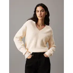 CALVIN KLEIN - Sweater Boucle V Neck Relaxed Beige