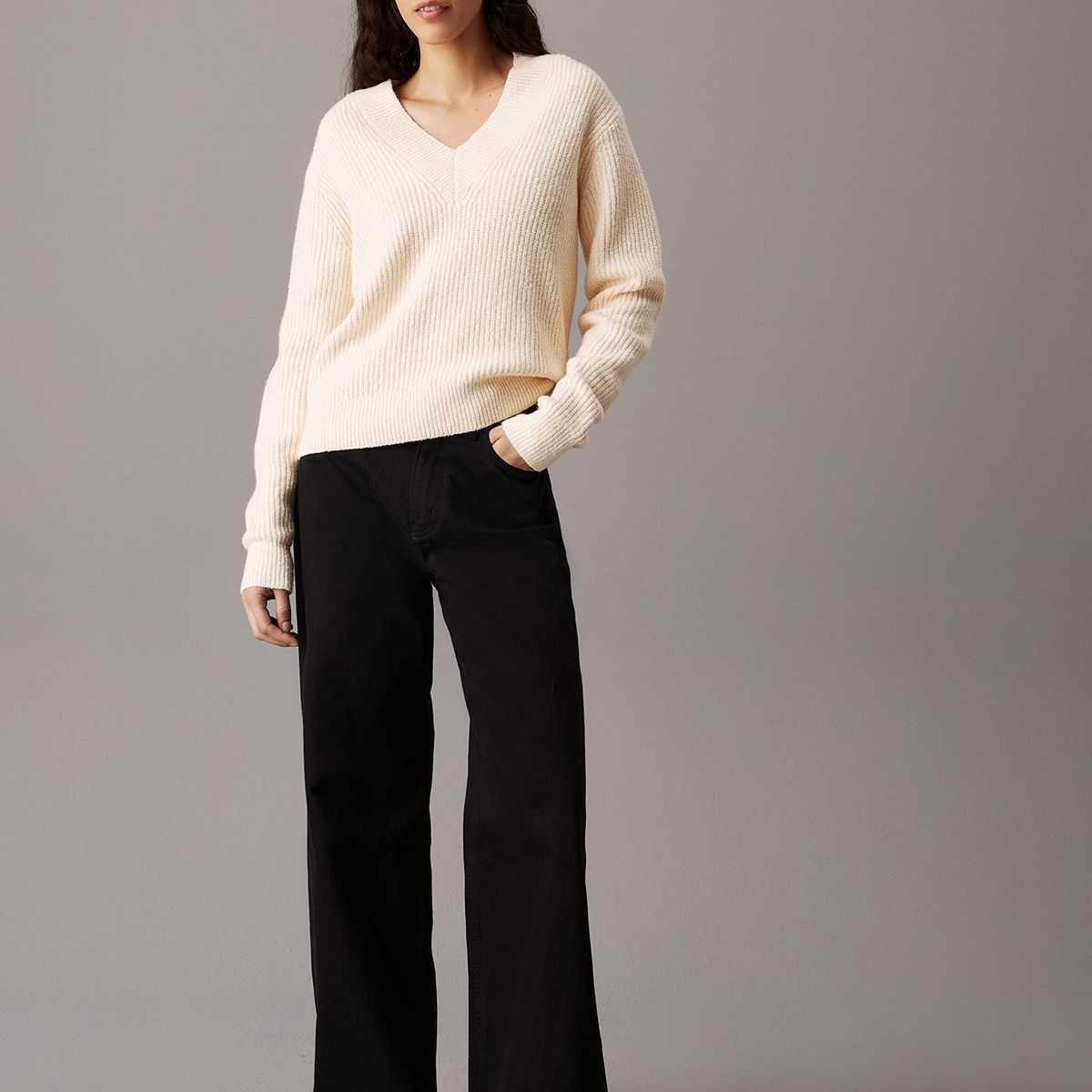 CALVIN KLEIN - Sweater Boucle V Neck Relaxed Beige Calvin Klein