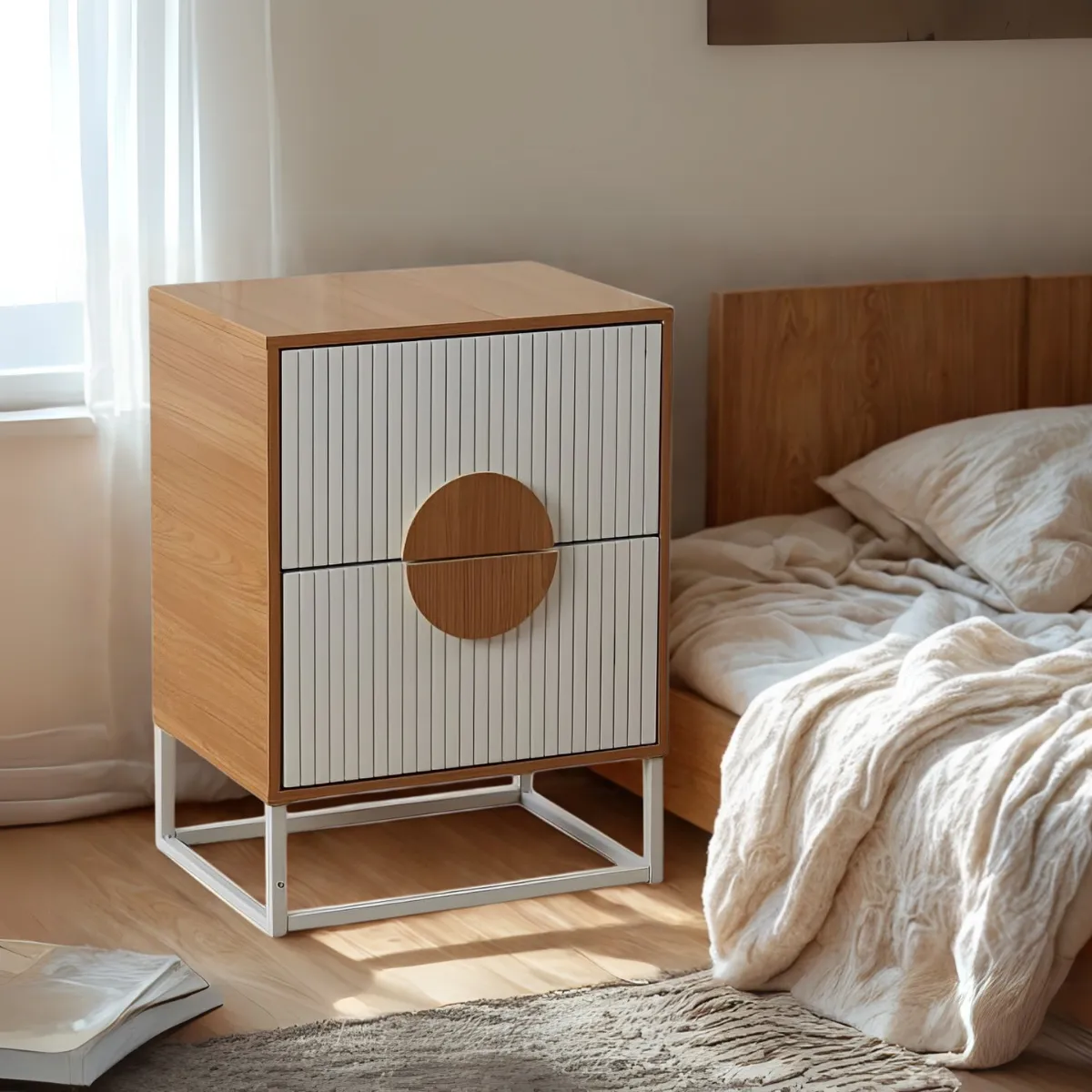 SPACE HOME - Velador premiun 2 cajones con rieles color madera con blanco