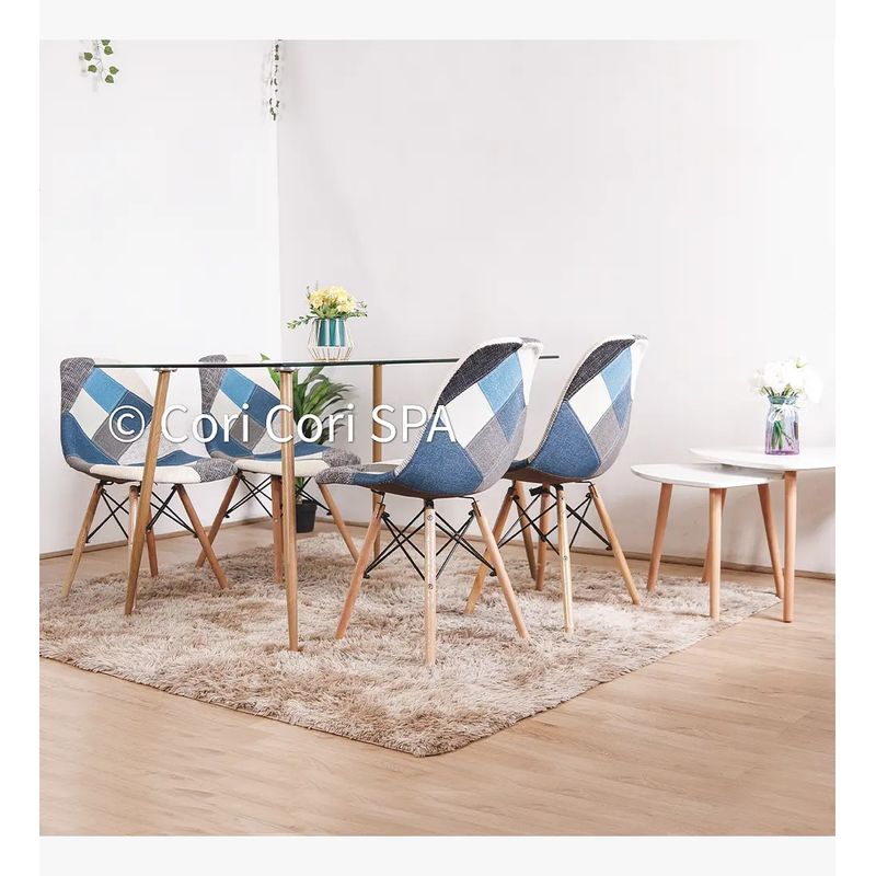CORI CORI - Comedor Rubi 130 x80 cm +  4 Sillas Eames Patchwork Celestes