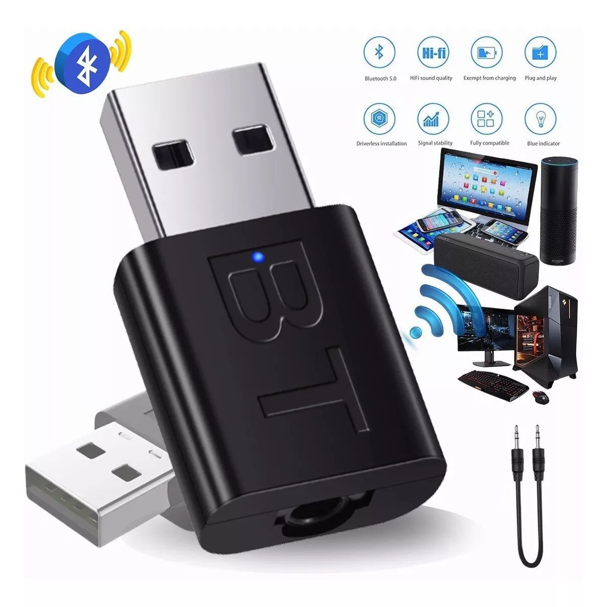 EDWINAYY - Transmisor Receptor Adaptador Bluetooth Usb 2 En 1 Audio Aux